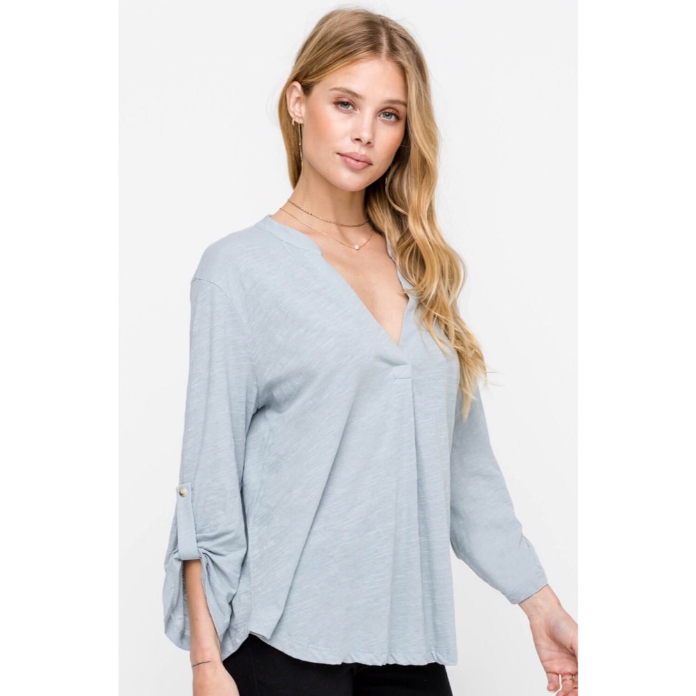 Megan V-Neck Cotton Top - Light Blue - Picture 3 of 5